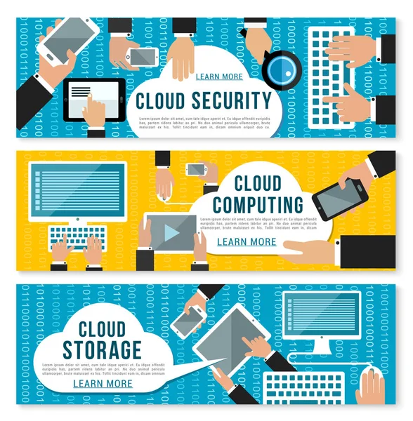 Cloud computing, stockage de données et bannière de sécurité — Image vectorielle