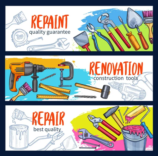 Repair work banner with construction tool sketch — Stock Vector