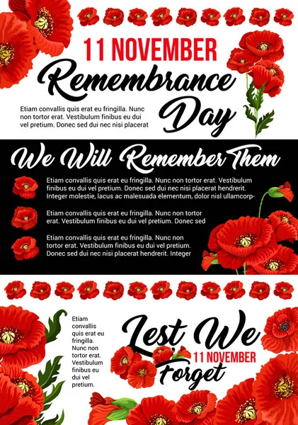 11 November poppy remembrance day vector poster — Stock Vector