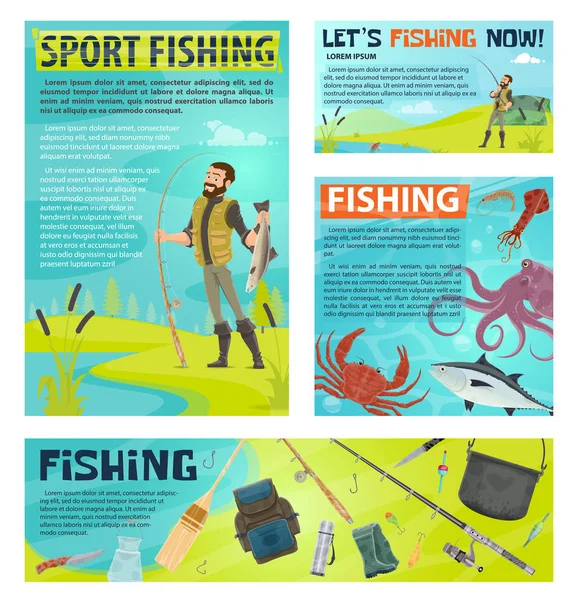 Sport fiske banner med fiskaren och fisken fånga — Stock vektor