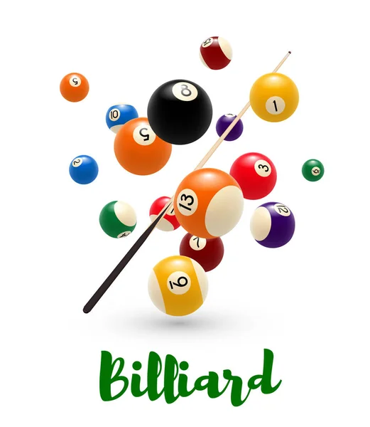 Pool biljardboll, cue affisch för snooker design — Stock vektor