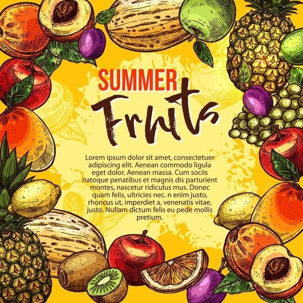 Tropisch fruit schets poster van zomer berry frame — Stockvector