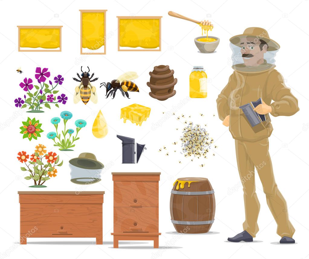 Honey bee, honeycomb, beehive and beekeeper icon