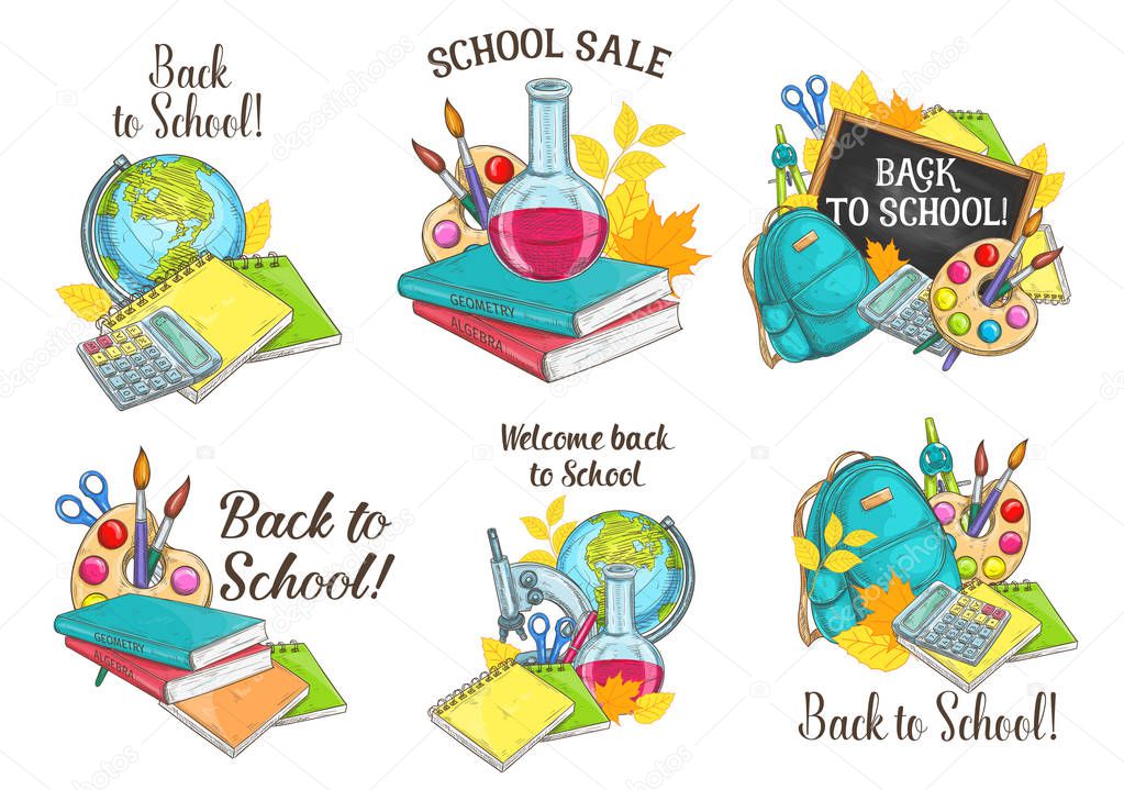Back to School vector sketch stationery icons