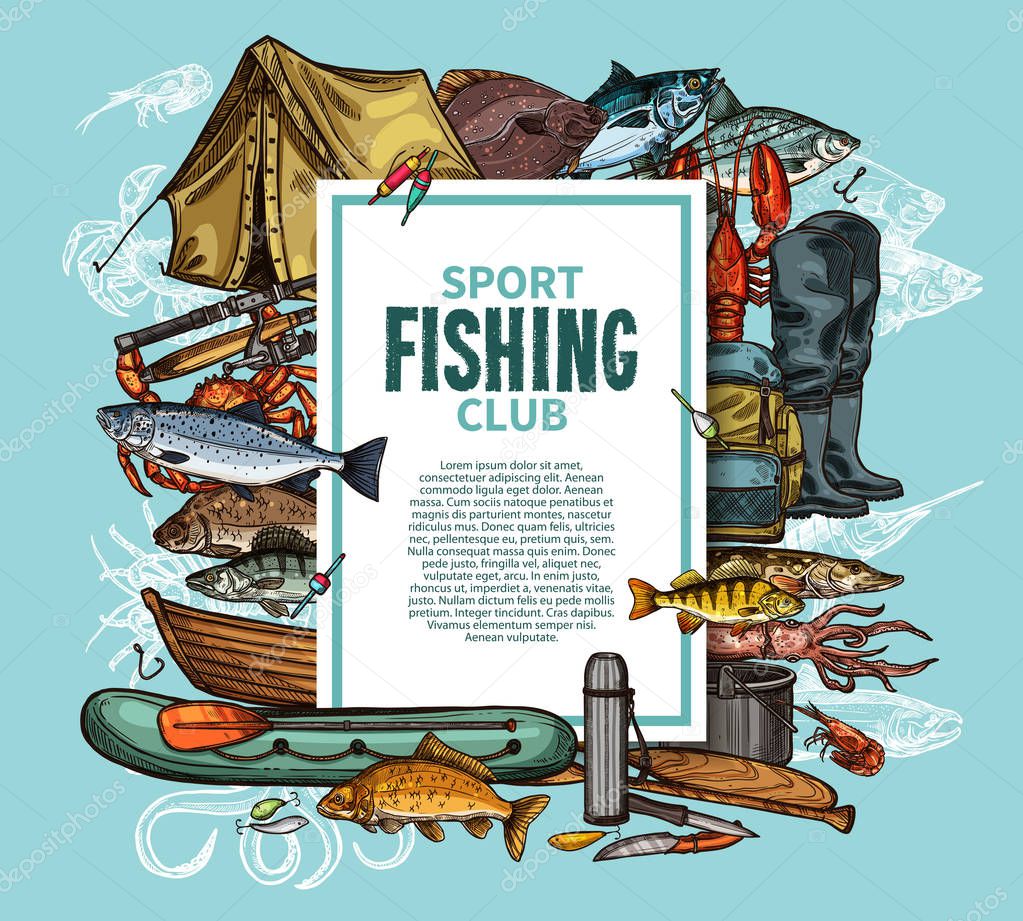 Fishing poster with fish catch and fisherman tool