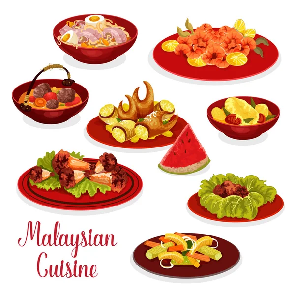 Malaysian cuisine dinner menu icon with asian food — Stock Vector