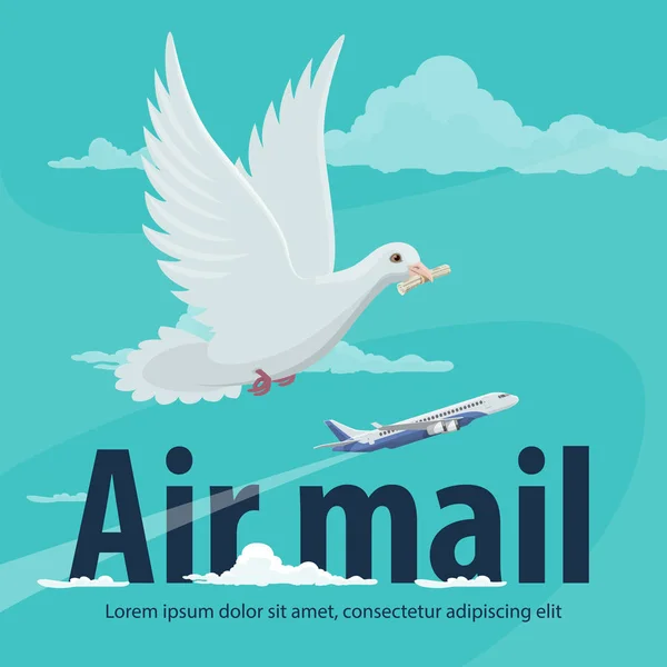 Bannière de service de courrier aérien avec avion et pigeon — Image vectorielle