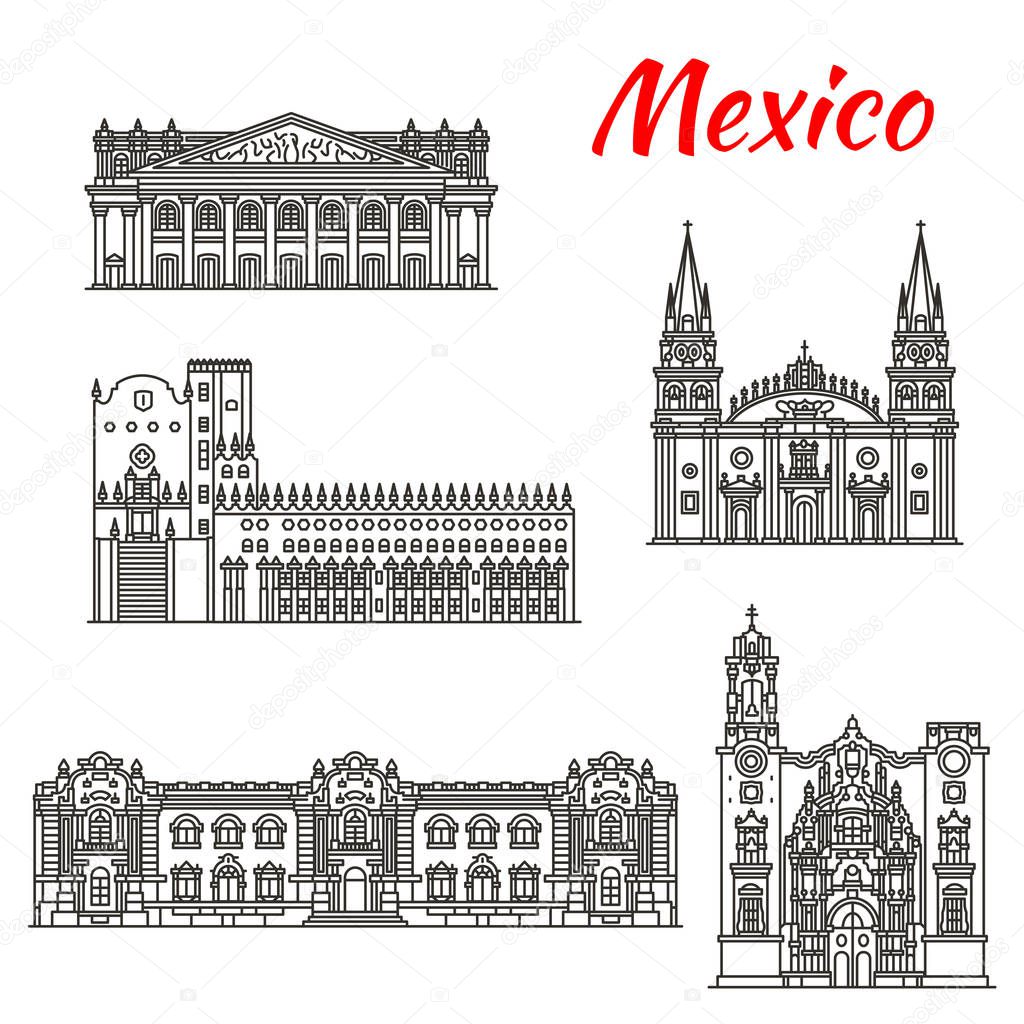 Mexican travel landmark of Guadalajara linear icon