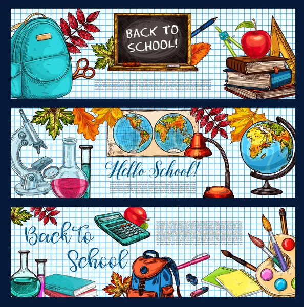 Back to School vector stationery sketch banners — Stock Vector