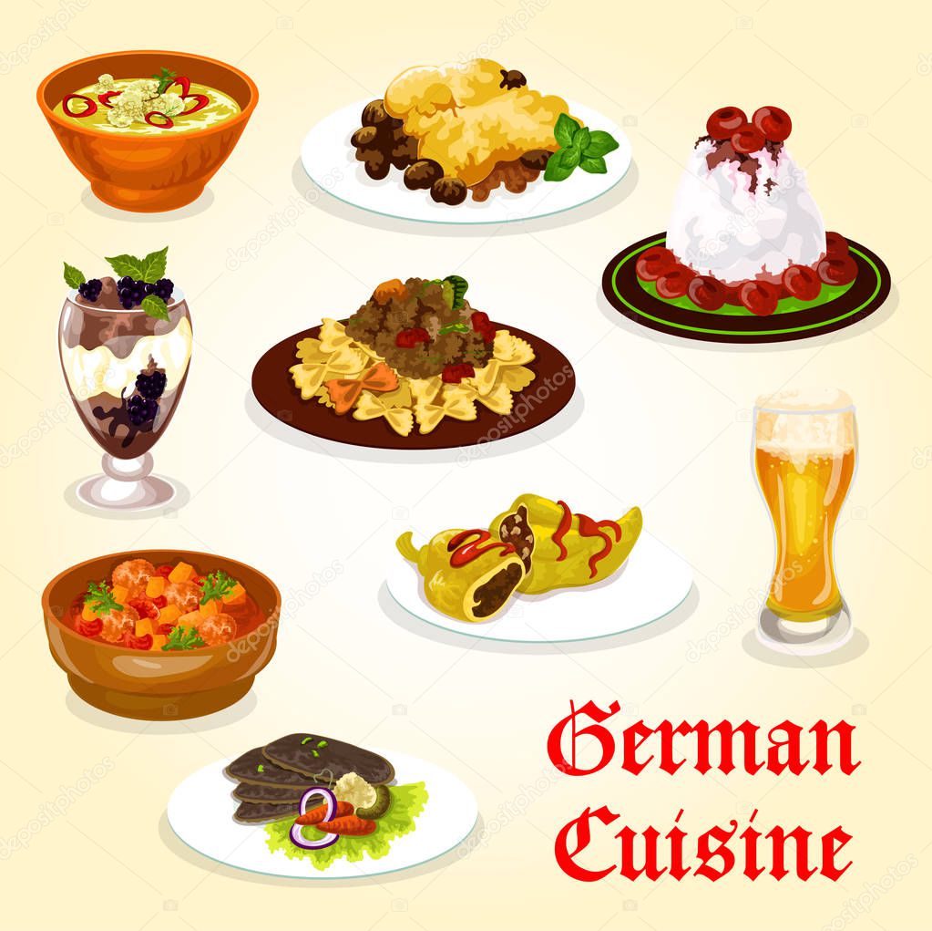 German cuisine dinner with meat dish and dessert