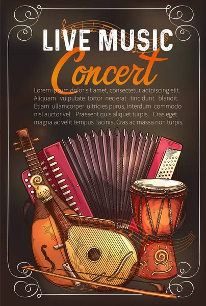 Vector music concert poster of sketch instruments — Stock Vector