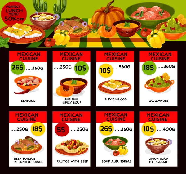 Kartu harga menu vektor untuk masakan Meksiko - Stok Vektor