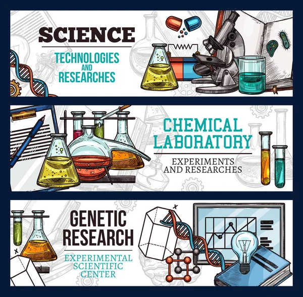 Διάνυσμα σκίτσο banners για την επιστήμη και την έρευνα — Διανυσματικό Αρχείο