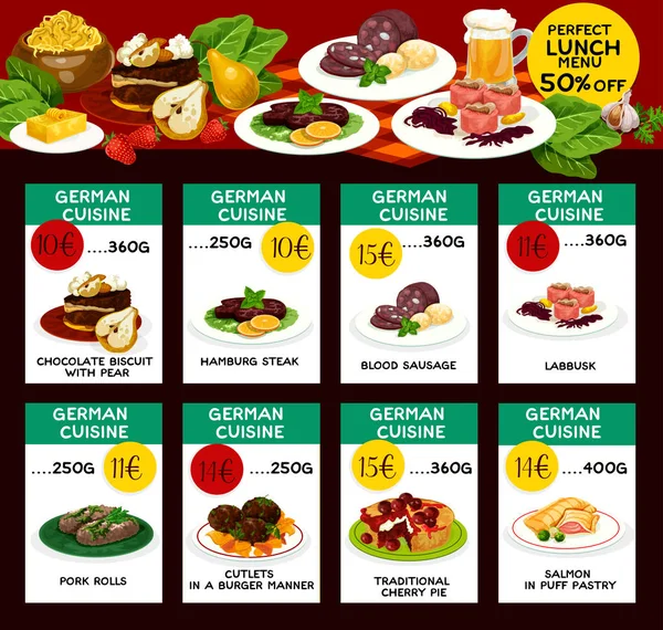 Kartu harga menu vektor untuk masakan Jerman - Stok Vektor