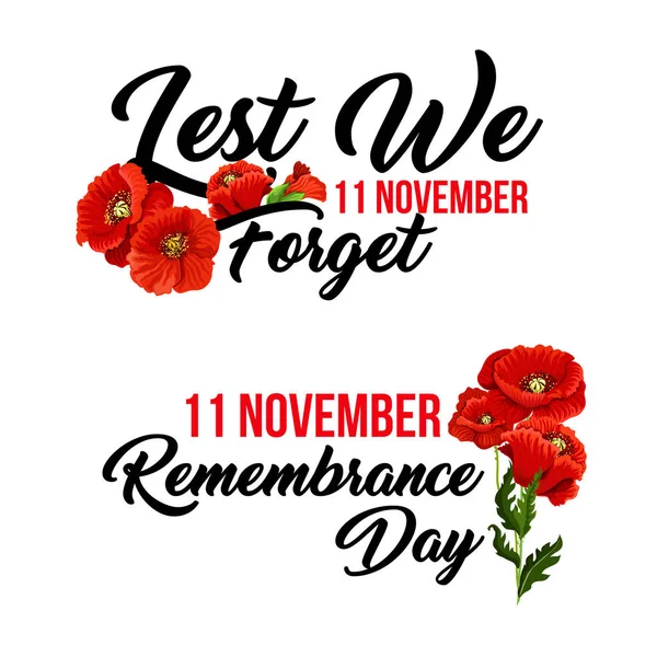 Remembrance day 11 November vector poppy icons — Stock Vector