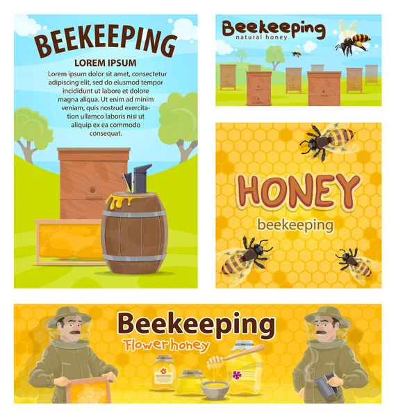Бджільництво мед пасіка бджоляр векторні плакати — стоковий вектор