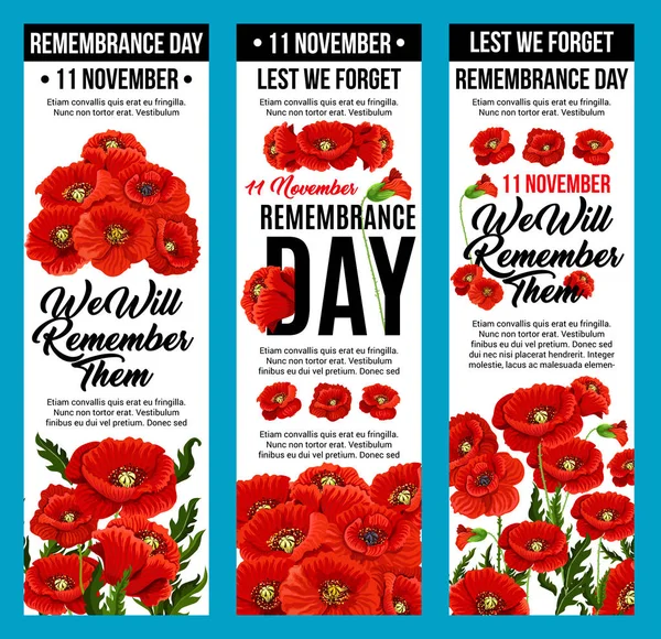 Vector poppy banners Remembrance day 11 November — Stock Vector