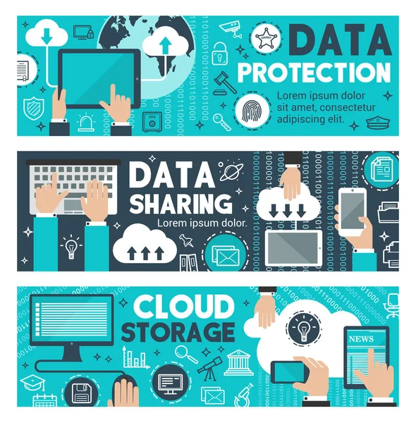 Protección de datos nube web compartir banners vectoriales — Archivo Imágenes Vectoriales