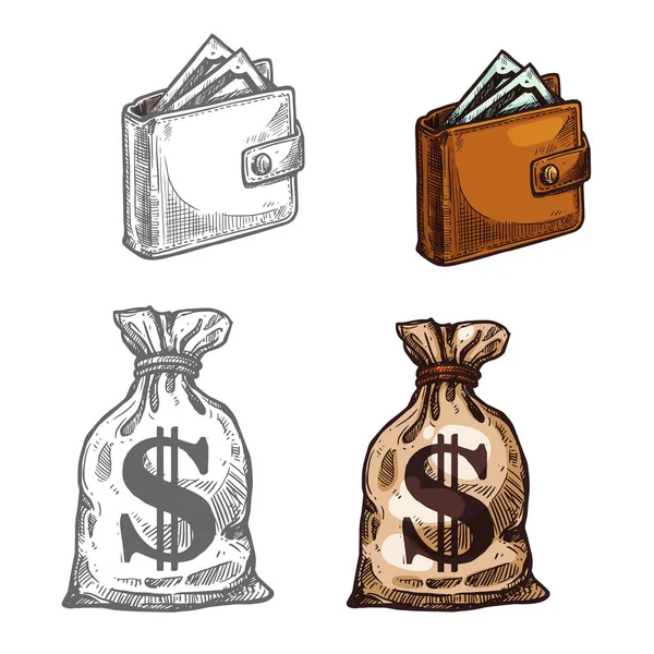 Portemonnee en geld vector-pictogram — Stockvector