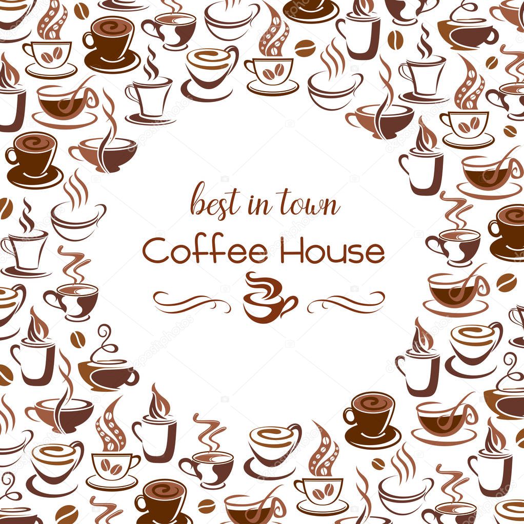 Hot coffee steam cups vector poster for cafe