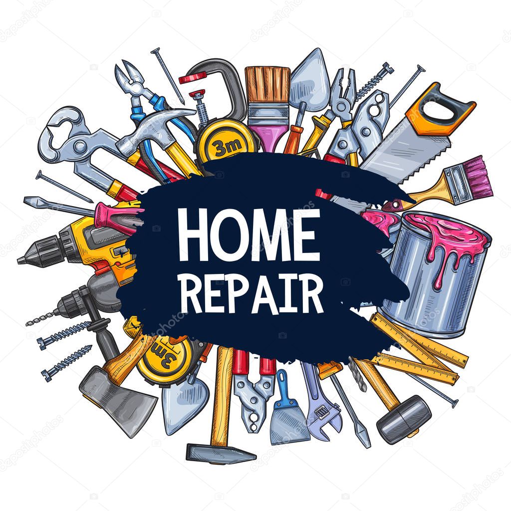 Home repair work tools sketch vector poster