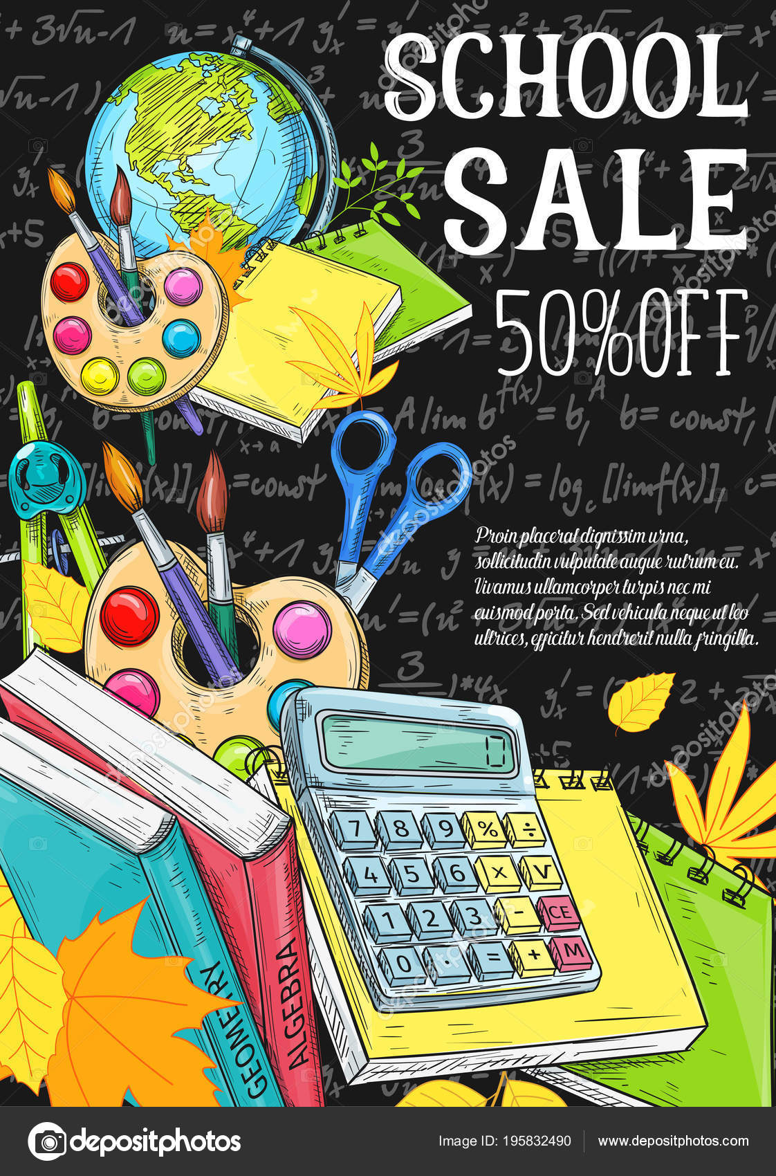 back to school poster with calculator and supplies in chalkboard