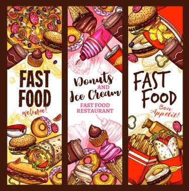 Fast food burger, içki ve tatlı afiş kroki