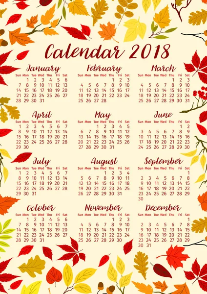 Feuillage d'automne du calendrier vecteur de feuilles d'automne 2018 — Image vectorielle