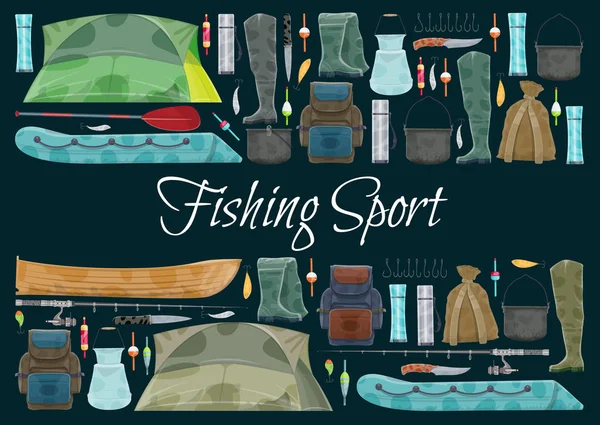 Fiske sport banner med fisher utrustning gränsen — Stock vektor