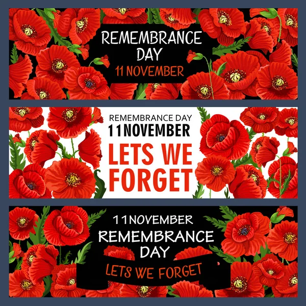 Vector 11 November Remembrance day poppy banners — Stock Vector