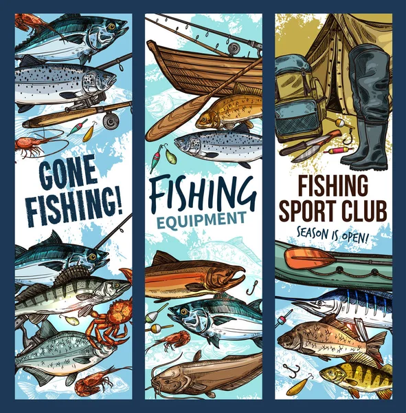 Rybářské banner s rybářského vybavení a ryby — Stockový vektor