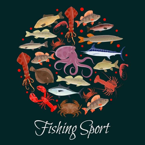 Angelsport Poster mit Kreis von Meeresfrüchten, Fisch — Stockvektor