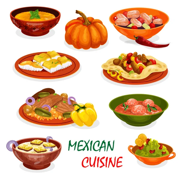 Mexican cuisine icon of dinner dish and appetizers — Stock Vector