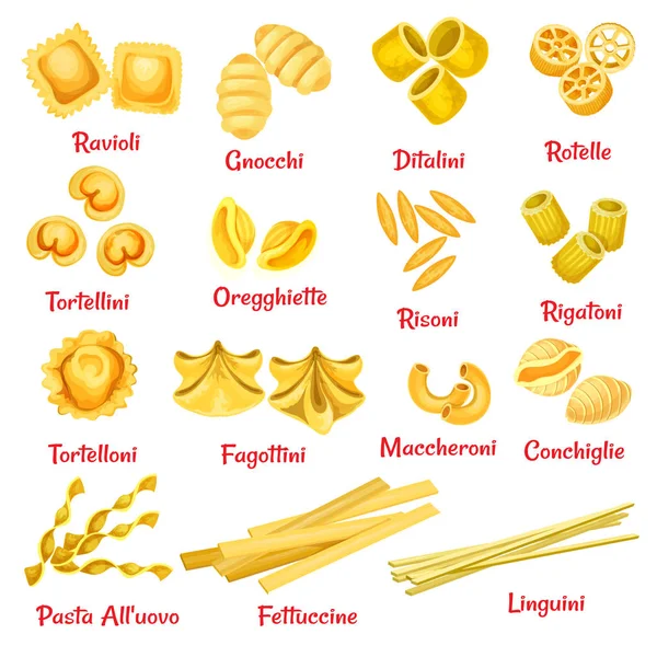 Tipo de pasta con nombre póster de macarrones italianos — Vector de stock