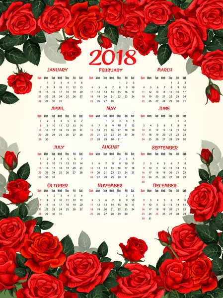 Šablona kalendáře rok s rámečkem, červený květ růže — Stockový vektor