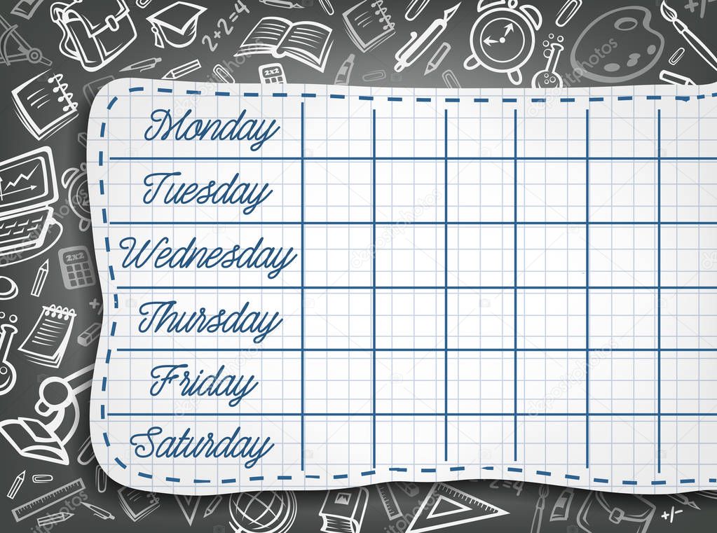 School vector weekly timetable on chalk chalkboard