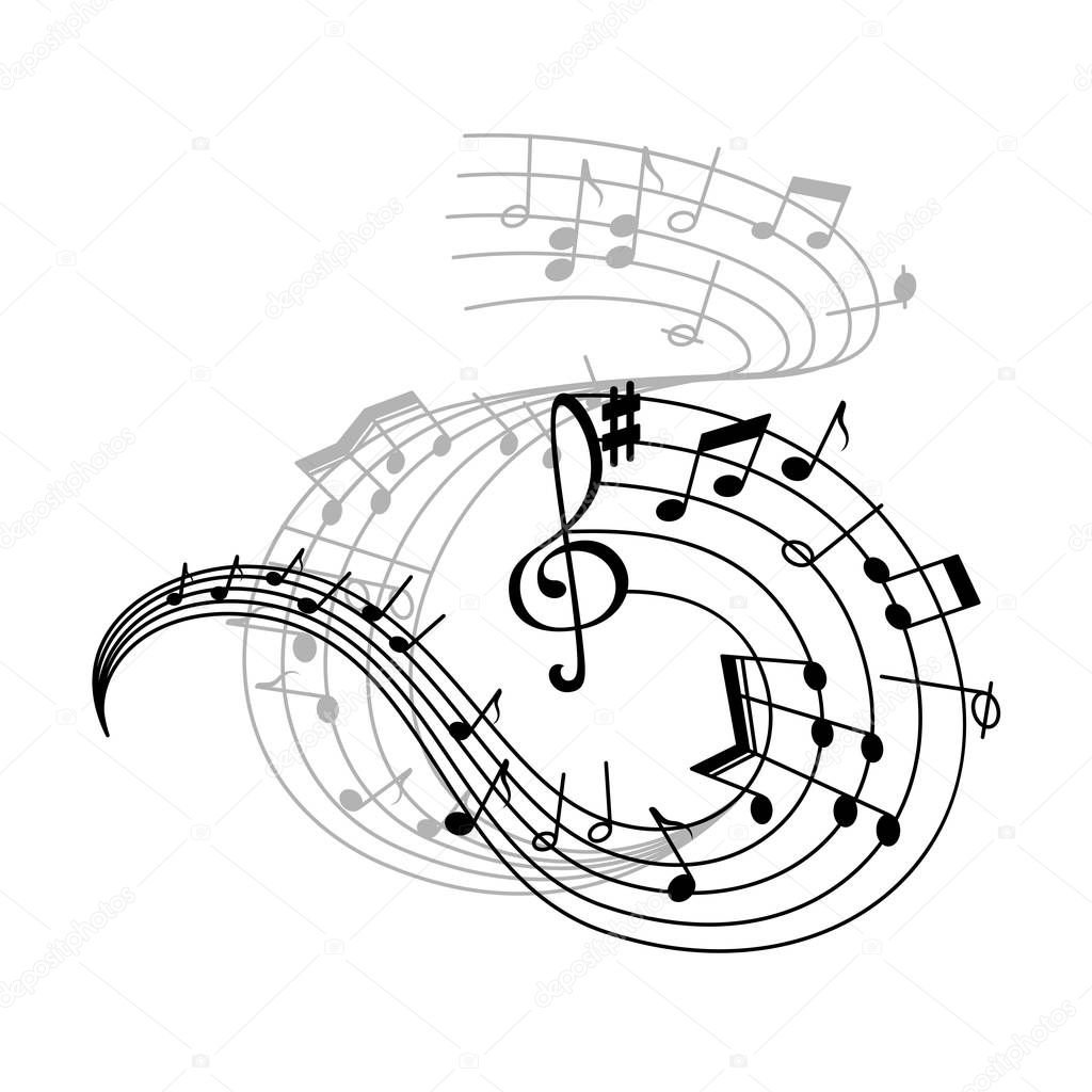 Music note and treble clef on swirling stave icon