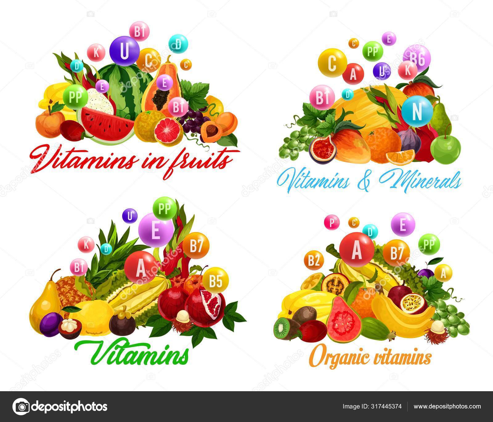 Vitamins and minerals in fruits, berries Stock Vector Image by