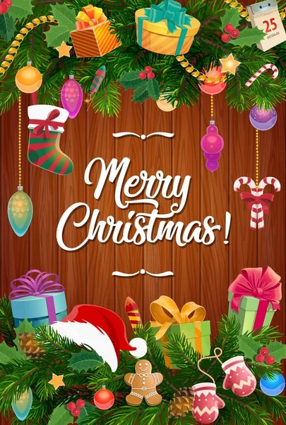 Christmas gifts, stocking and Santa hat garland — Stock Vector