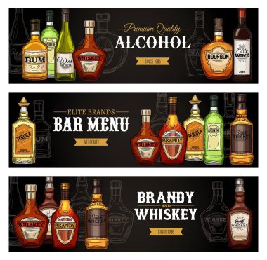 Alkol, içki şişeleri, bar menüsü afişleri.