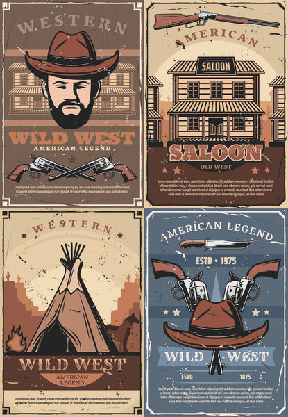 Western saloon, cowboy in hat and wigwam, guns