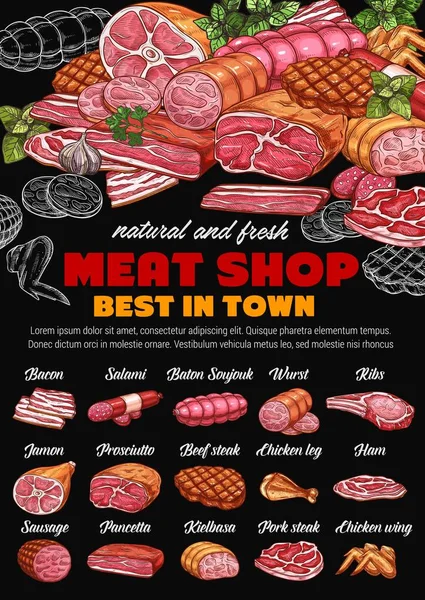 Προϊόντα κρεοπωλείου. Κρέας, λουκάνικα, μαυροπίνακα — Διανυσματικό Αρχείο