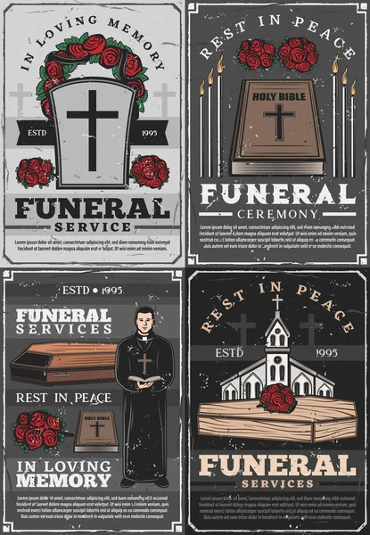 Ceremonia de entierro, iglesia. Sacerdote, servicios funerarios — Archivo Imágenes Vectoriales