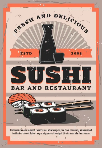 Retro sushi bar, molho de soja e pauzinhos, rolos — Vetor de Stock