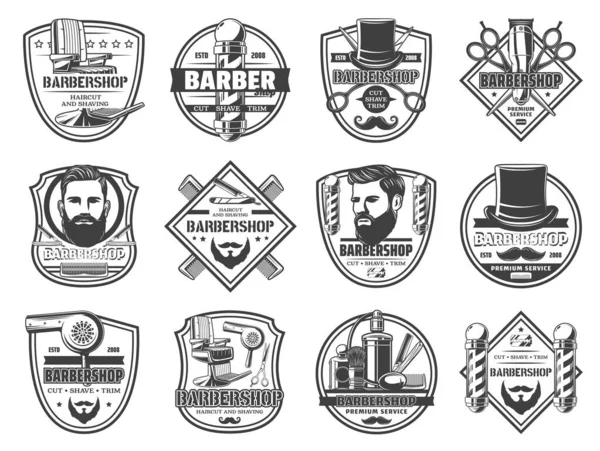 Rasatura, taglio e rifilatura, icone del barbiere — Vettoriale Stock