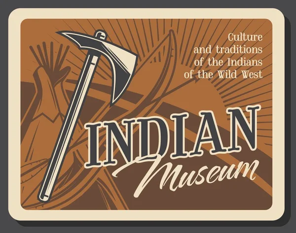 Wild West-Indische retro museum, tomahawk en wigwam — Stockvector