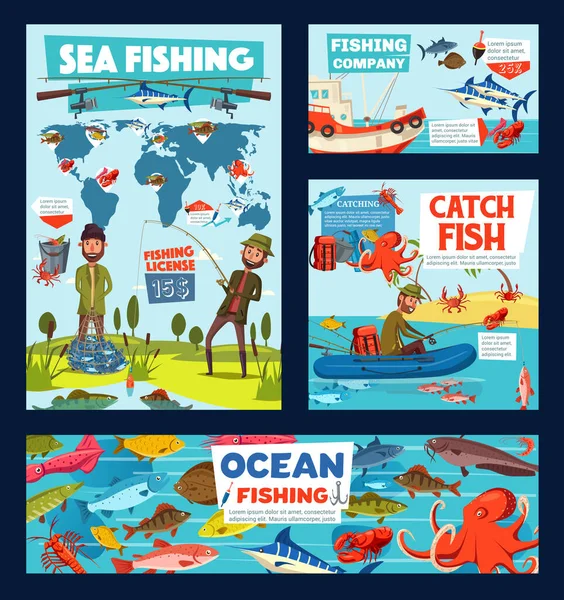Tentáculos de pesca, pescadores e vara, frutos do mar — Vetor de Stock
