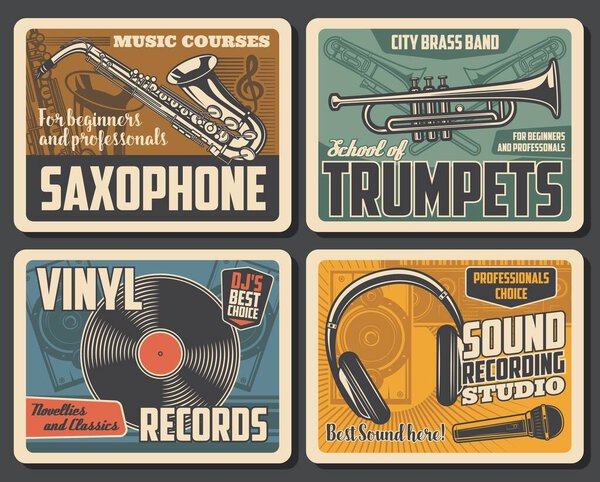 Трубы, ретро виниловые пластинки, микрофон и саксофон
