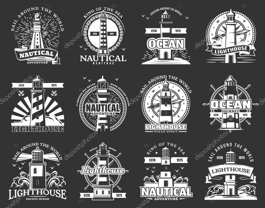 Nautical lighthouse monochrome icons design. Vector marine adventure, sea beacons with light beams, steering wheel and seagulls. Sailing navigation symbol, tower in ocean icon, seafarer badge
