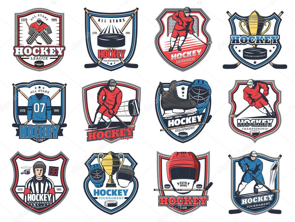 Ice hockey league isolated heraldic icons. Vector hockey winter sport championship, tournament club, trophy cup and player in protective suit, stick and puck, referee and skates, goalkeeper